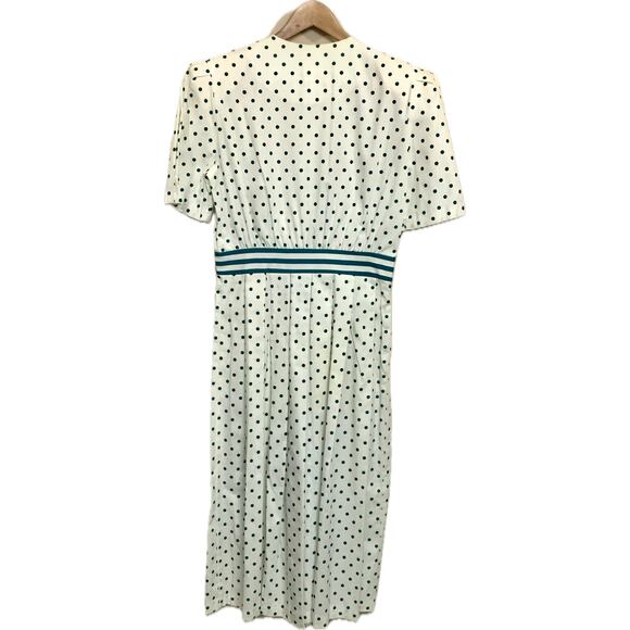 REO Originals Vintage 80s Preppy Short Sleeve Pleated Green Polka Dot Dress 12 - Picture 4 of 14